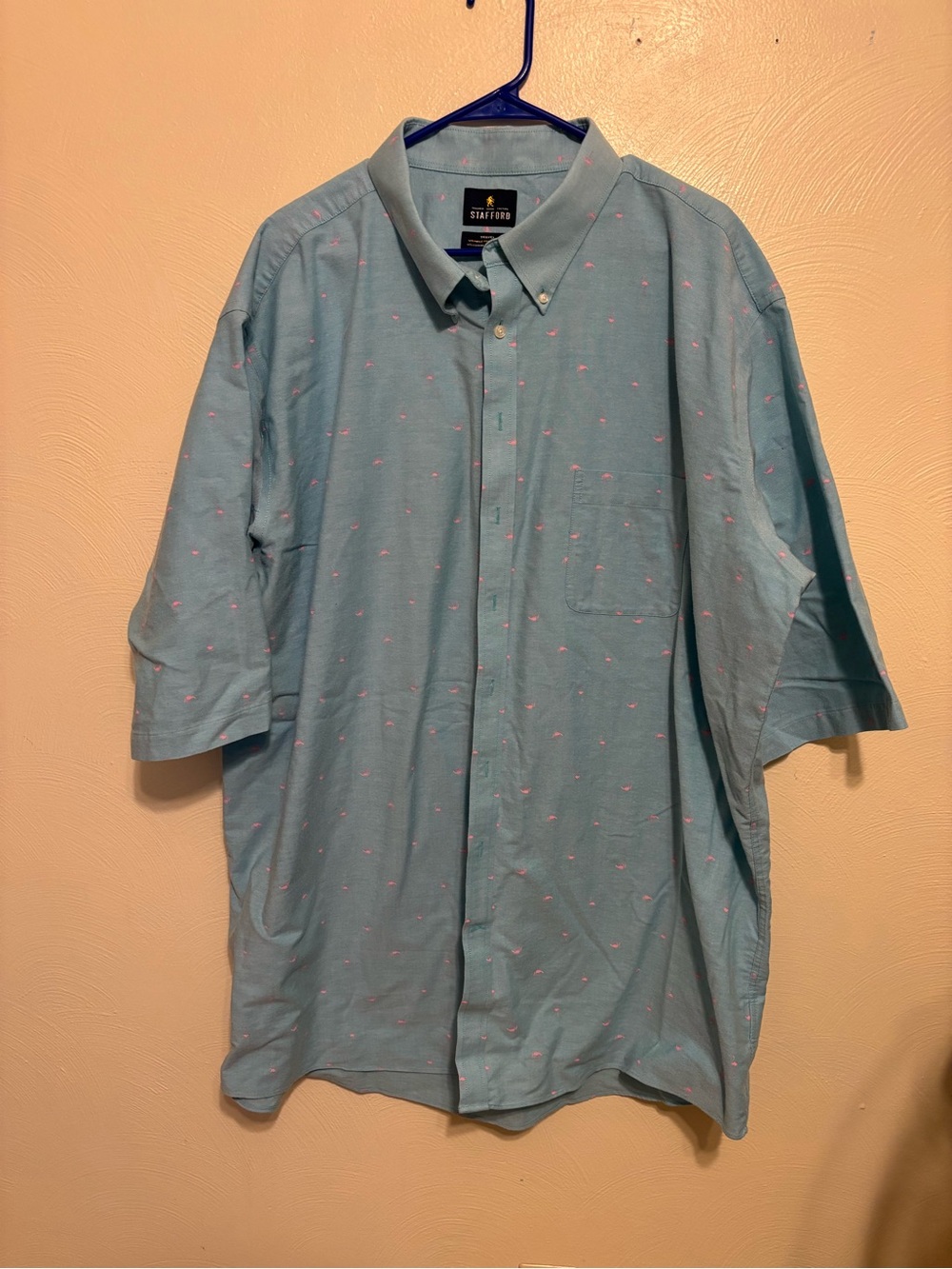 Stafford Travel Wrinkle Free Oxford Shirt Men’s 2XLT Blue Pink Flamingo Print